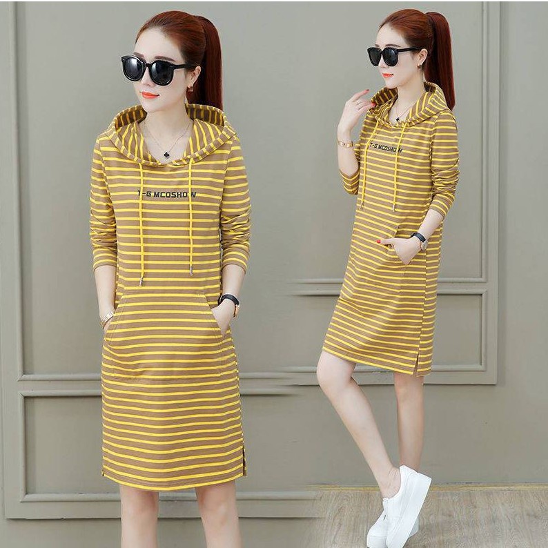 Hlvwei Đầm Dài Vải Voan Denim Xếp Ly Kẻ Sọc Tay Áo Có Dây Kéo Khoét Lỗ Kiểu Hàn Quốc 2019 Cho Nữ