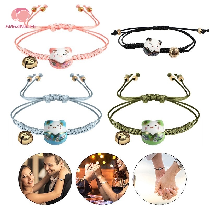 Vòng Đeo Tay May Mắn Đính Hạt Gốm Sứ Hình Mèo Dễ Thương Có Thể Điều Chỉnh
