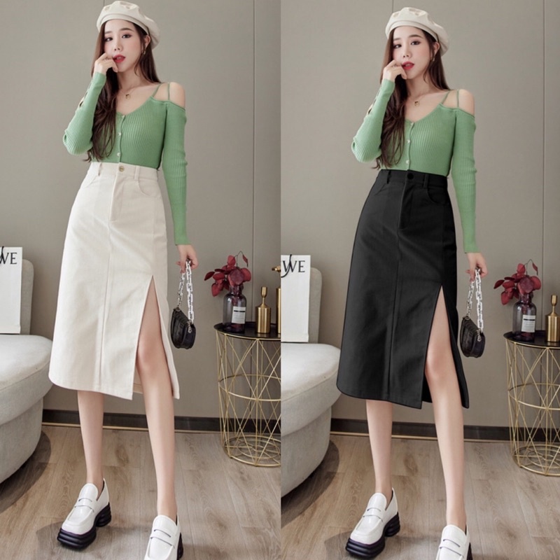 Chân váy nhung tăm dài xẻ đùi dáng váy chữ A. Chân váy công sở vintage quảng châu