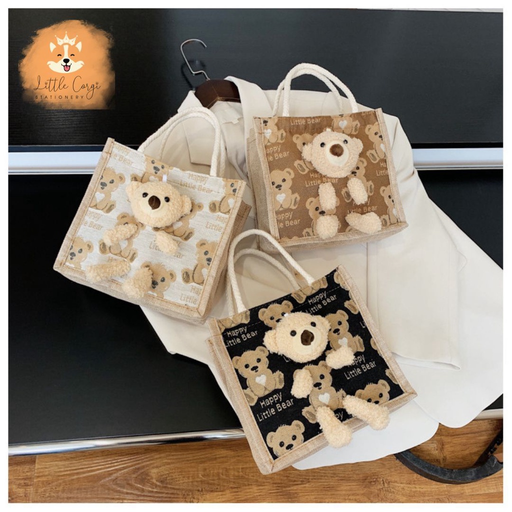 Túi xách vải bố hình gấu nhiều màu lựa chọn - Túi cói mini gấu bông hàng đẹp