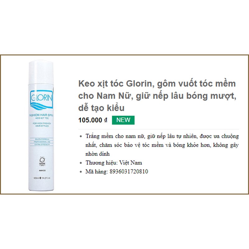 KEO XỊT TÓC MỀM GLORIN - Fashion Hair Spray 420ml