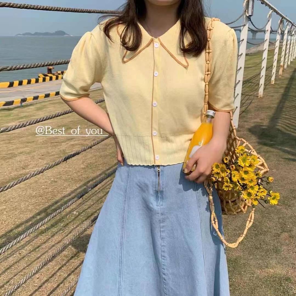 SUXI Áo Dệt Kim Tay Ngắn Phồng Cổ Polo Hàng Nút Đơn Phong Cách Hàn Quốc Hàng Mới