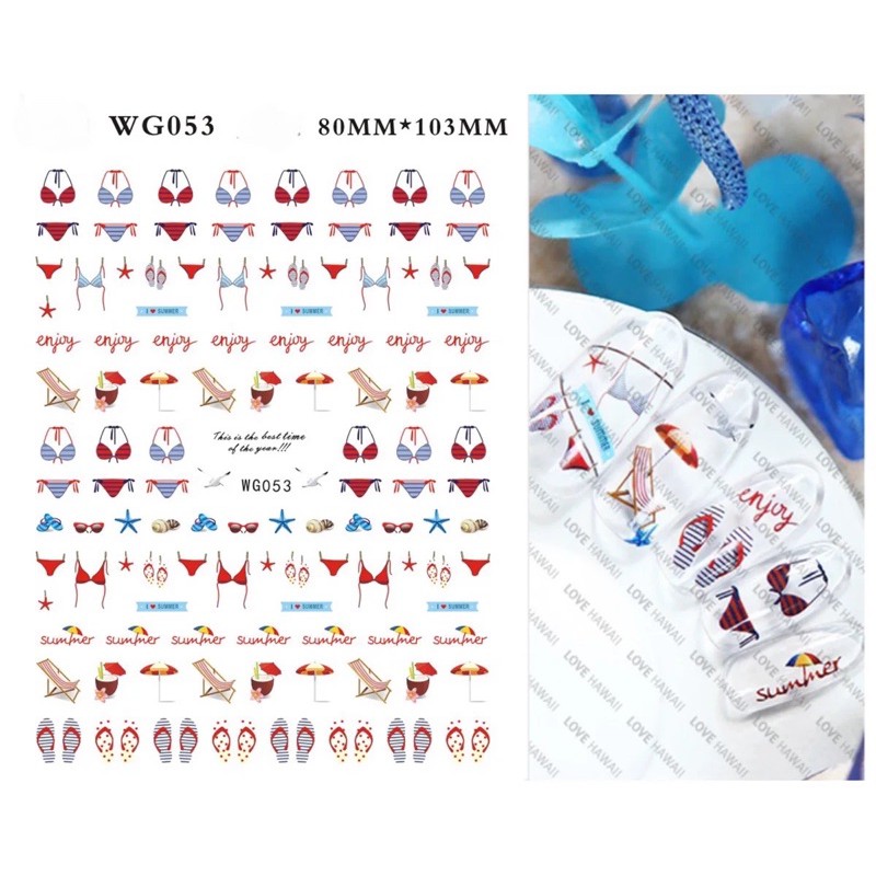 Sticker dán móng tay,hình dán móng tay họa tiết bãi biển mùa hè, sao biển bãi biển, bikini sexy mùa hè 2021