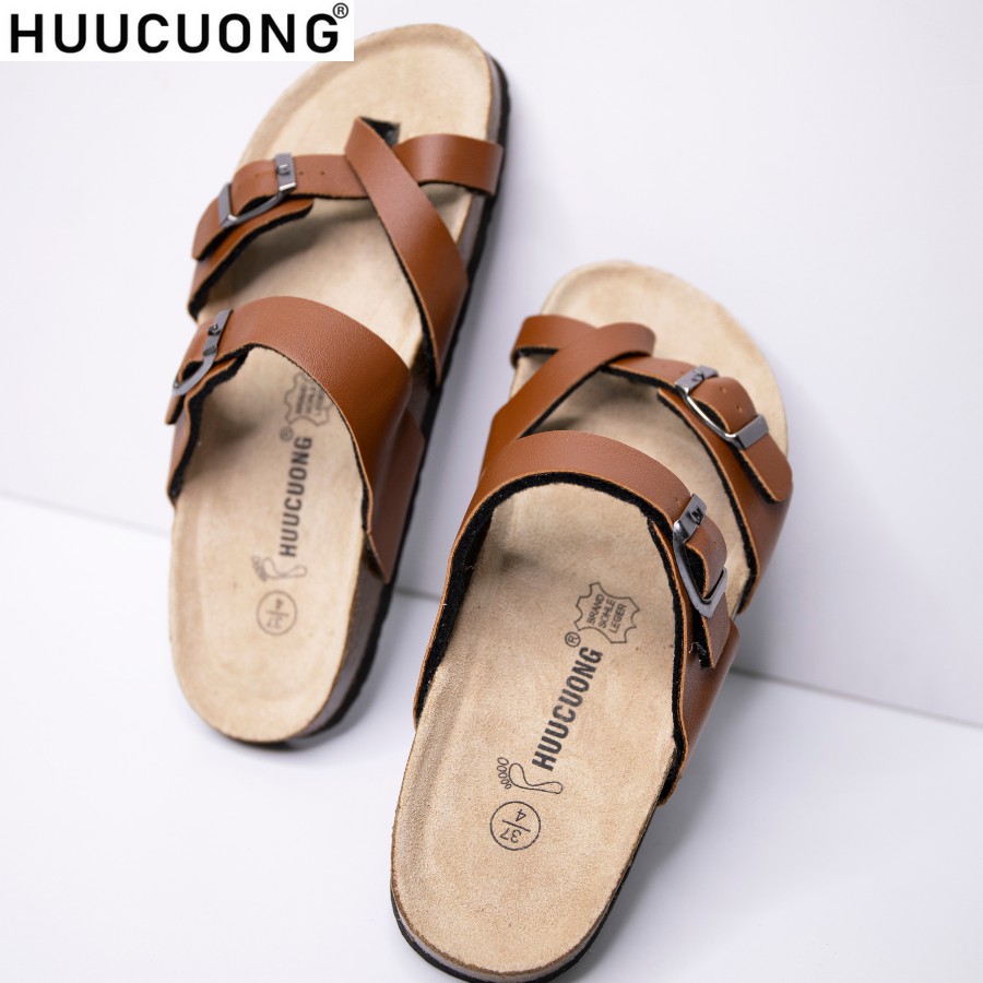 Dép unisex HuuCuong xỏ ngón pu nâu đế trấu