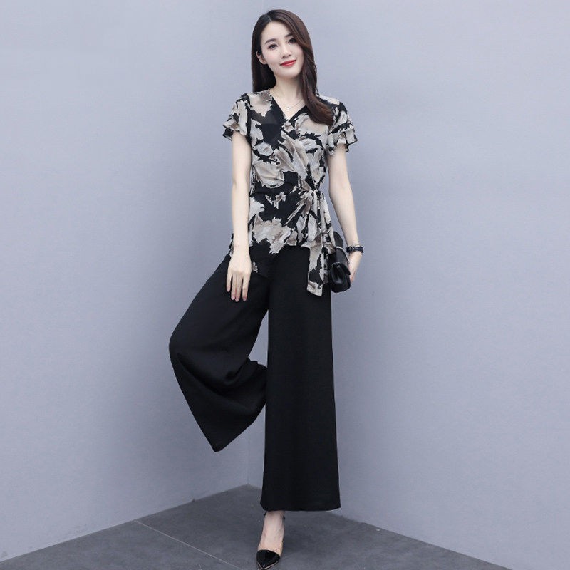 Set Áo Sơ Mi Chiffon + Quần Dài Ống Rộng Thời Trang Hè 2020 Cho Nữ