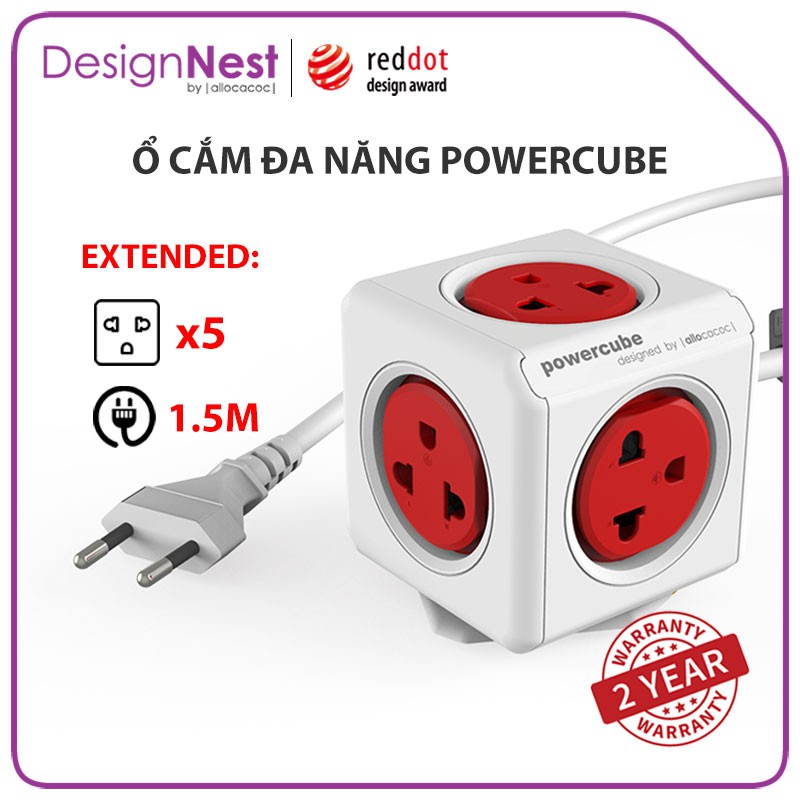 Ổ Cắm Điện Đa Năng Allocacoc PowerCube Extended 1.5M, 5 Mặt Ổ Cắm Chuẩn Sạc An Toàn Chống Giật Bảo Hành 2 Năm