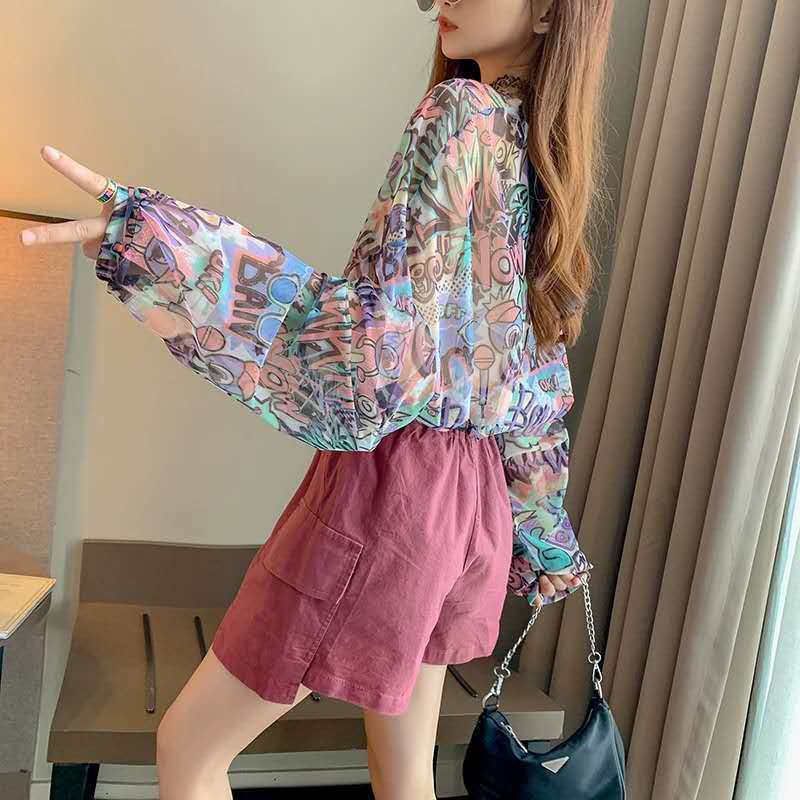 Áo voan BH họa tiết hoa tay dài phong cách Hàn Quốc thời trang nữ