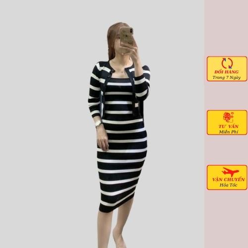 Set áo cardigan len kèm đầm body len 2 dây nữ dáng dài maxi kẻ ngang đen trắng ulzzang Hàn Quốc mùa thu đông