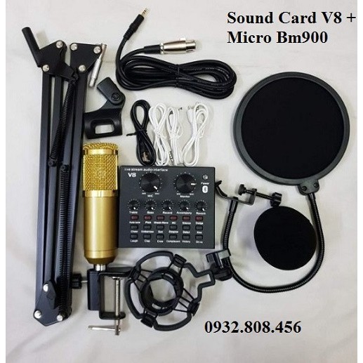 Trọn bộ Sound-card V8 + Micro BM900 chuyên livestream, thu âm