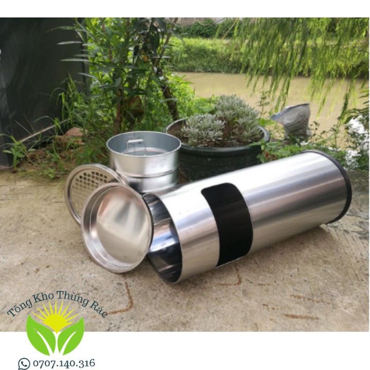 Thùng rác Inox tròn có gạt tàn thuốc lá, Thùng rác gạt tàn Inox, B-073