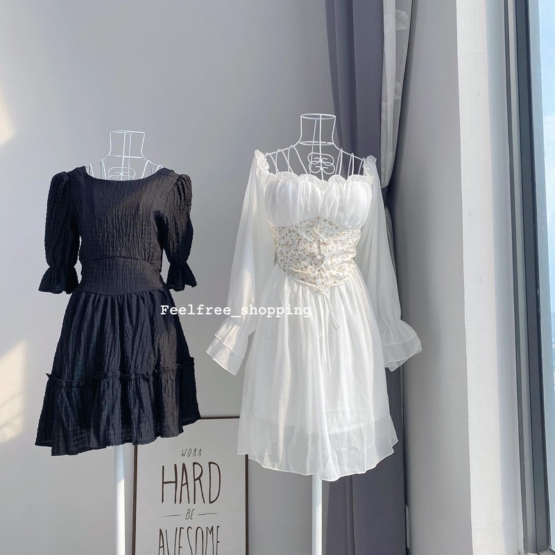 Đầm Đen In Nổi Tay Ngắn Hở Lưng Hai Lớp Mặc Đi Tiệc Đi Chơi (Hình Thật) D069