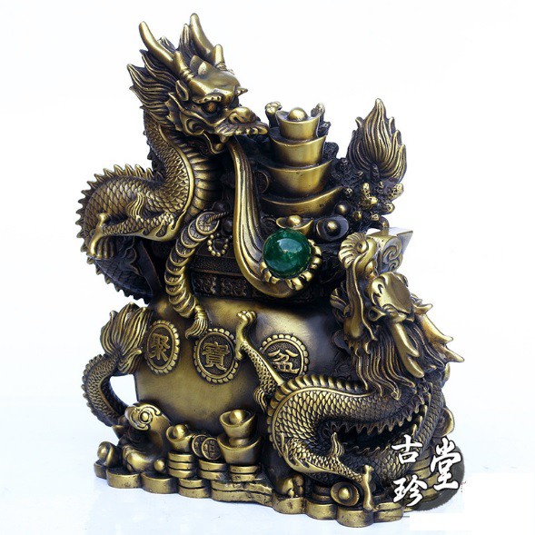cặp rồng phong thủy tiền vàng phun ngọc bằng đồng thau nguyên chất kích thước 31x28x14cm năng 5kg