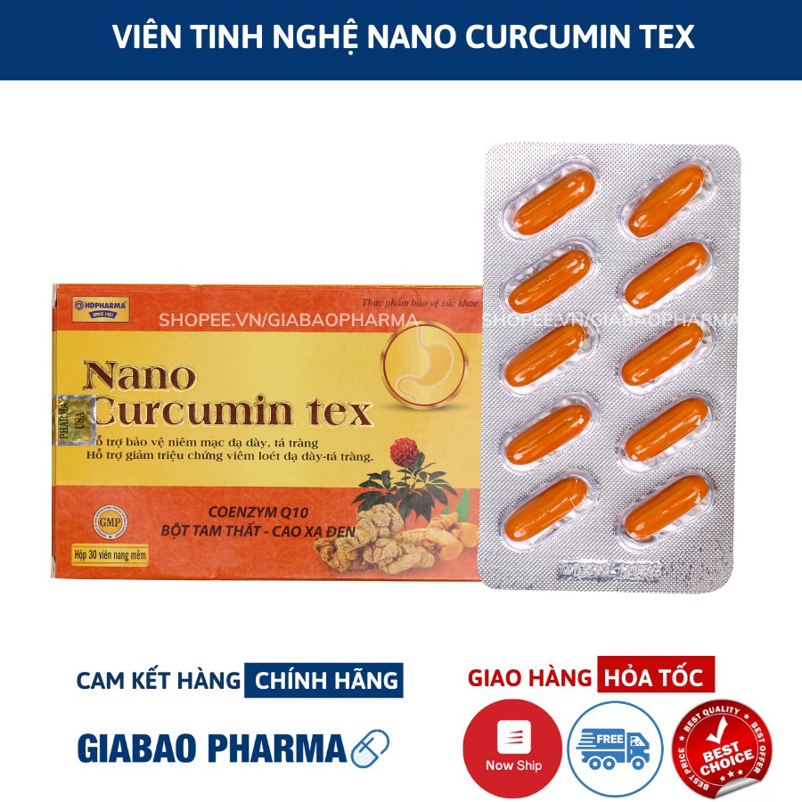 Viên uống tinh bột nghệ Nano Curcumin Tex  giảm viêm loét dạ dày, trào ngược dạ dày (Hộp/30 viên)