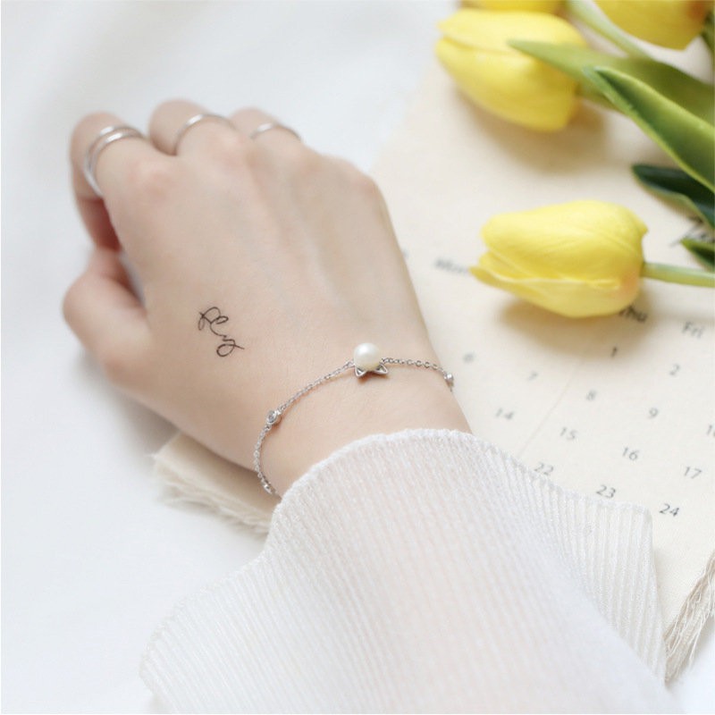 Vòng tay bằng đồng mạ bạc đính ngọc trai hình mèo con dễ thương phong cách harajuku đơn giản dễ phối đồ