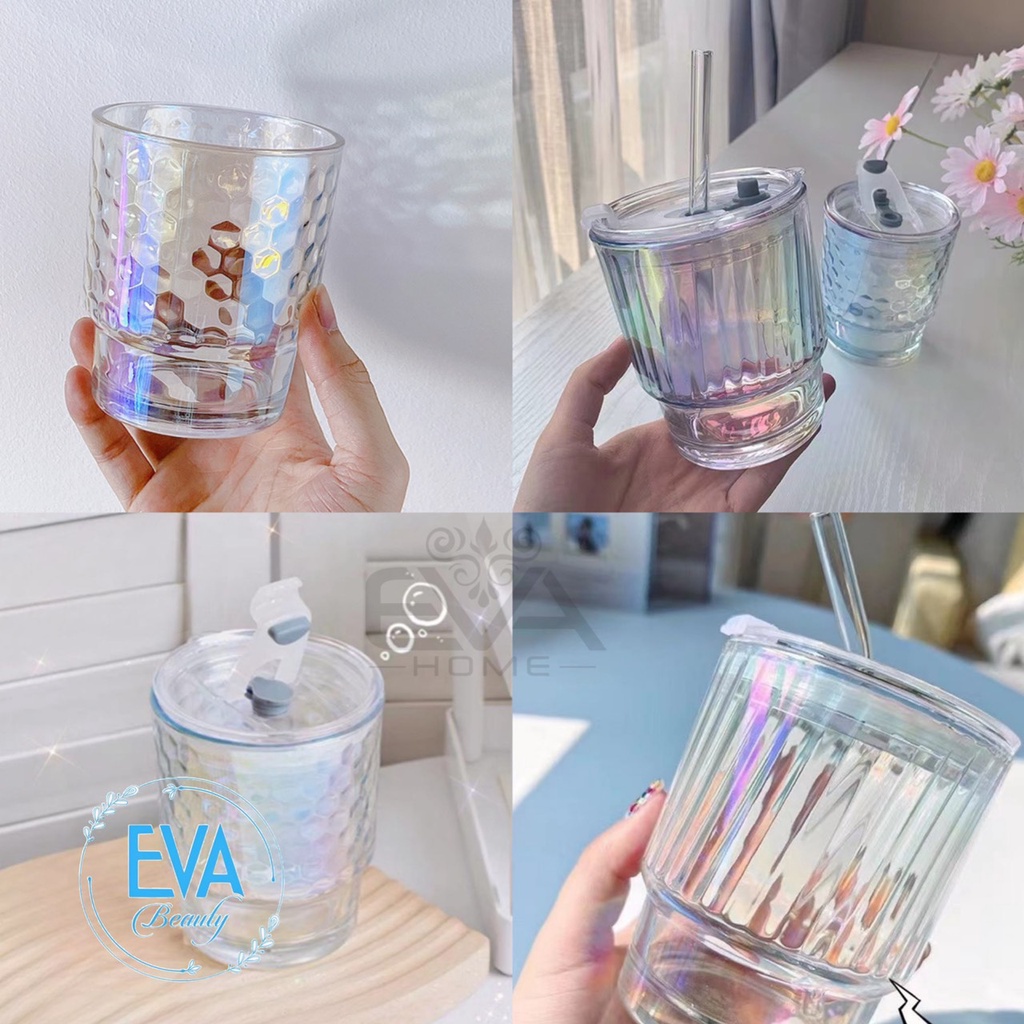 Ly Thuỷ Tinh Hot Trend Màu Cầu Vòng Óng Ánh 400ML Có Nắp Đậy Và Ống Hút Sang Trọng Phong Cách Hàn Quốc M650