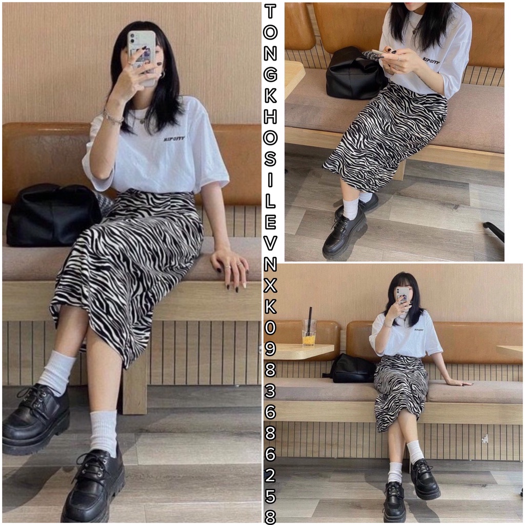 Set Áo Phông Trắng Off Mix Chân Váy Chữ A Dáng Dài Họa Tiết Da Báo - Chân Váy Midi Dài Sọc Ngựa Vằn Thời Trang 2022