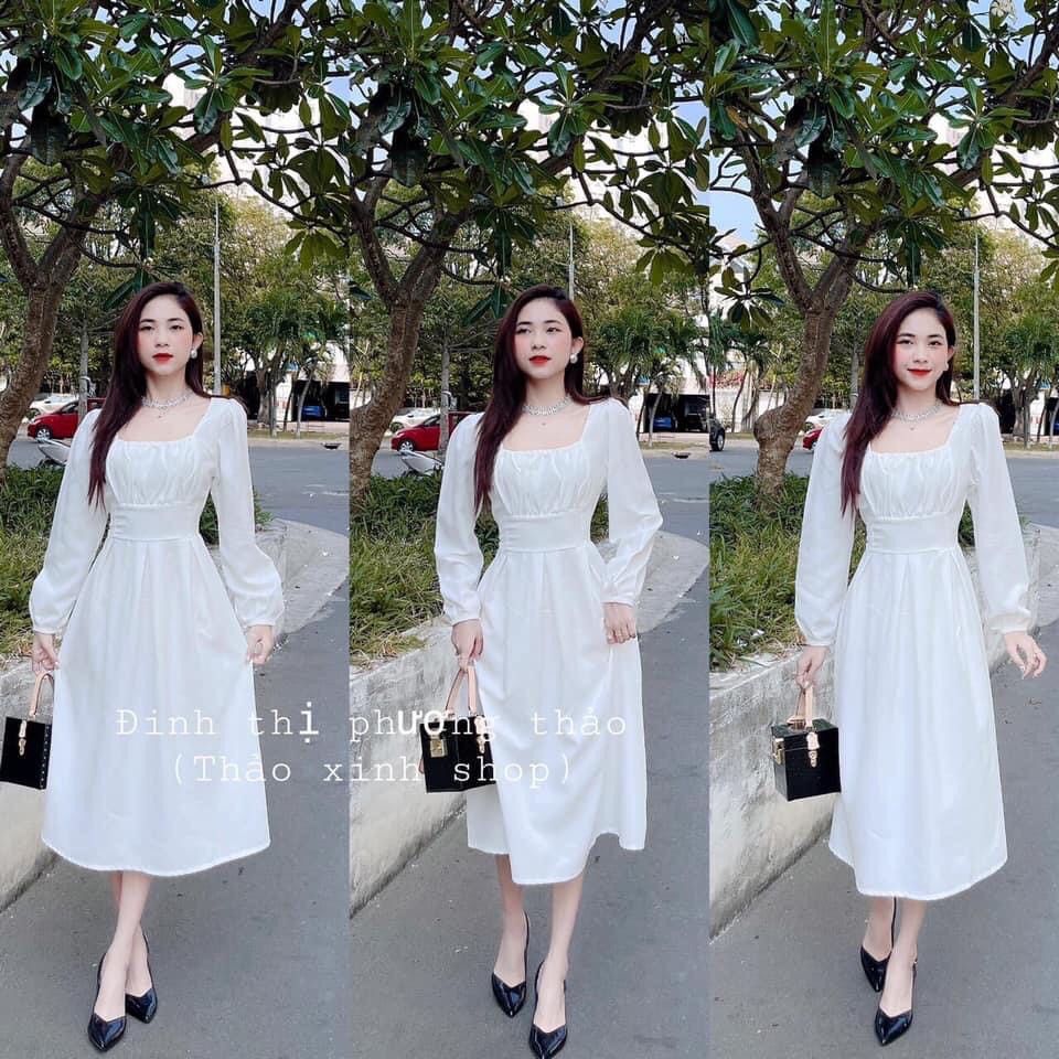 [RẺ VÔ ĐỊCH] Váy Tiểu Thư Vintage - Váy Cổ Vuông Tay Phồng Nhún Ngực Hot Hit