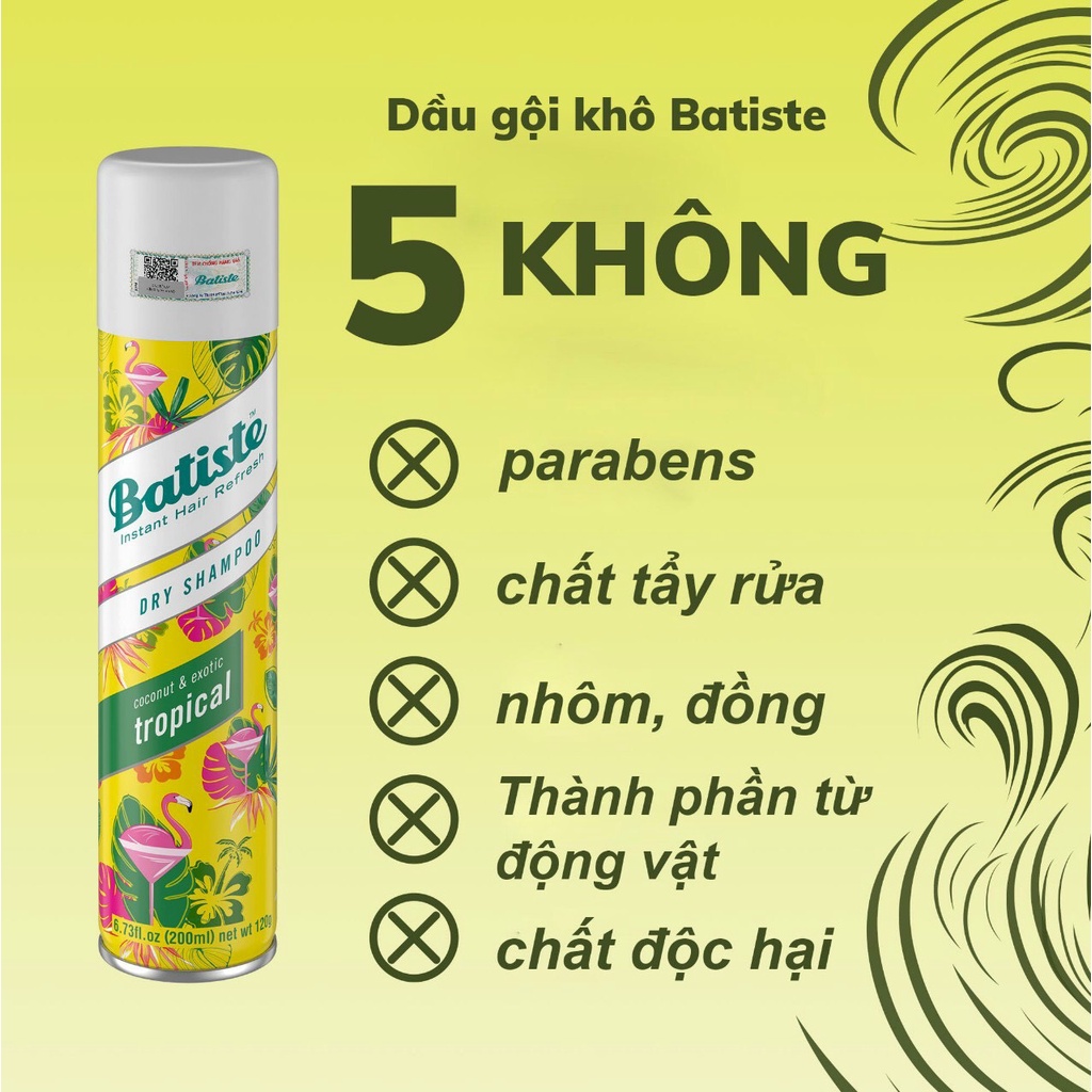 Dầu gội khô Batiste Dry Shampoo 200ml làm sạch tóc hết ngứa gàu và bết dính - Nhập khẩu UK