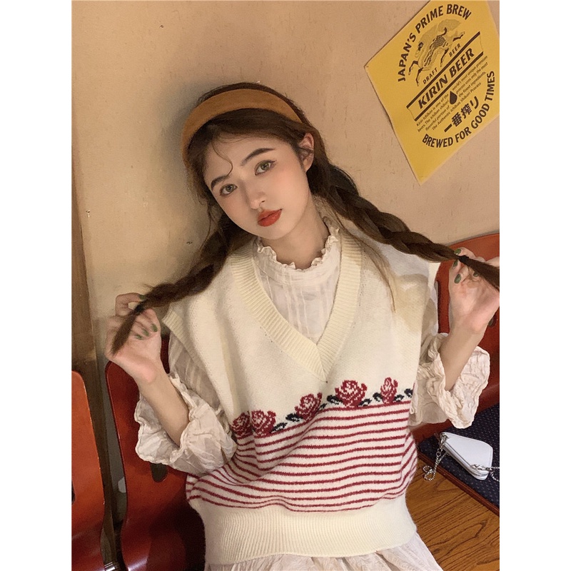 Áo dệt kim cổ chữ V họa tiết kẻ sọc ngọt ngào thời trang Hàn Quốc cho nữ | BigBuy360 - bigbuy360.vn