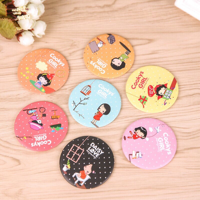 Gương trang điểm mini siêu cute cầm tay bỏ túi Hàn Quốc tiện lợi viền kim loại