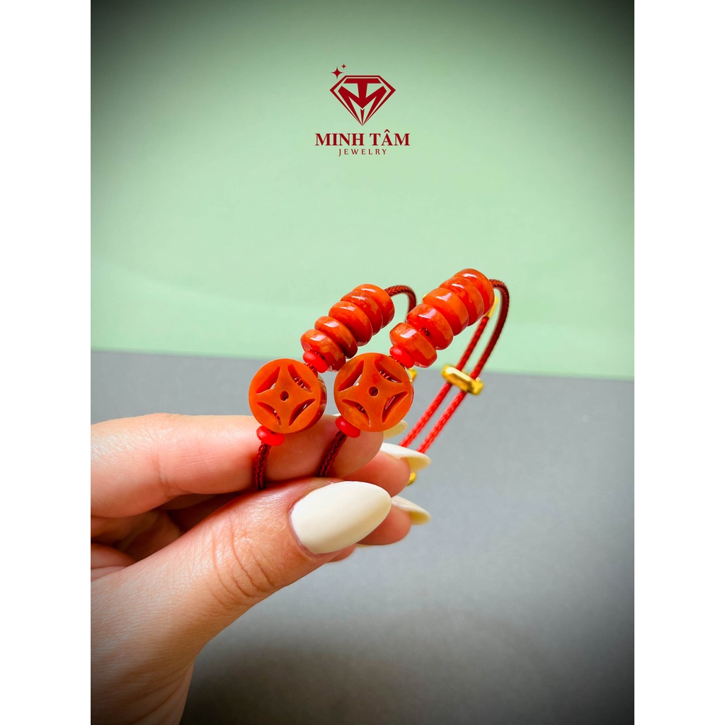 Vòng tay đồn xu tài lộc ngũ điếu Ngọc huyết mix dây cáp kim loại-Minh Tâm Jewelry