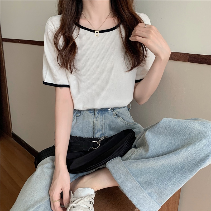 Áo Thun Dệt Kim Tay Ngắn Cổ Tròn Dáng Rộng Phong Cách Hàn Quốc Thời Trang Mùa Hè Cho Nữ