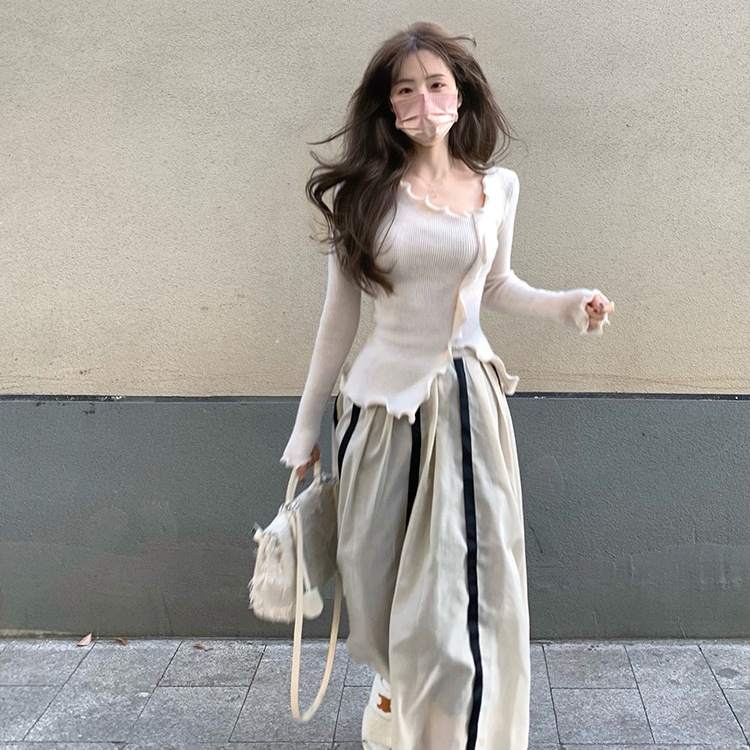 Áo Thun Dệt Kim Tay Dài Màu Sắc Trơn Phong Cách Hàn Quốc