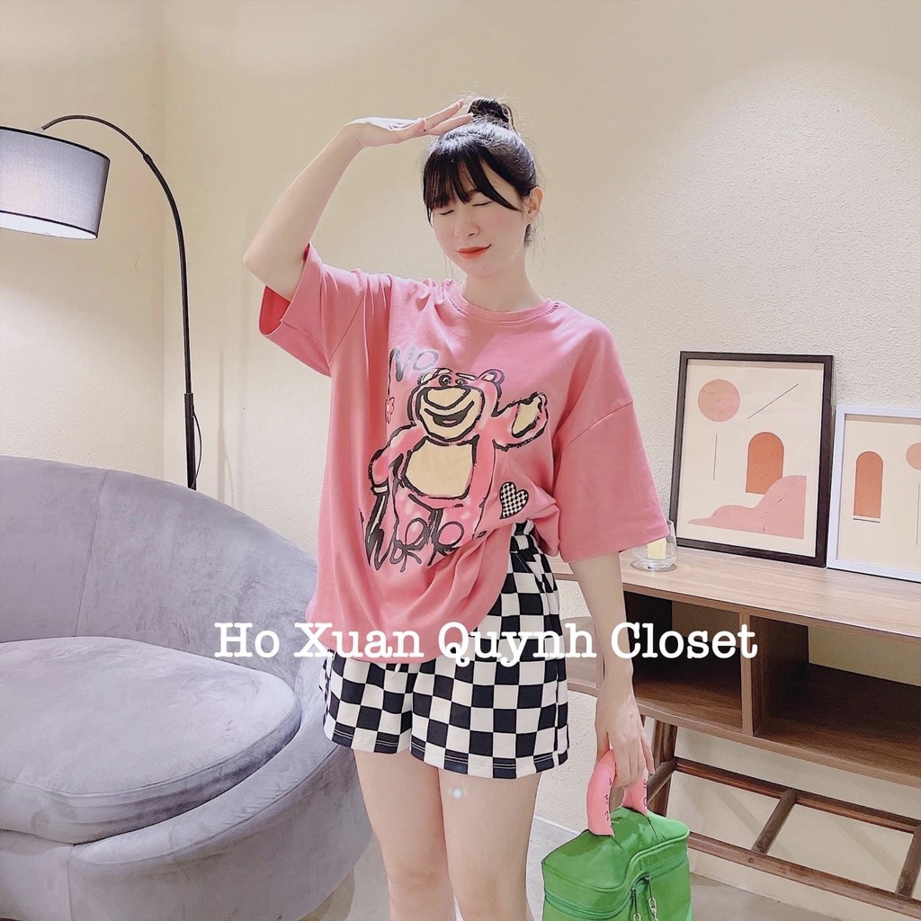 Set bộ thun in gấu dễ thương, quần đùi caro, đồ bộ đùi nữ mặc đi chơi, set thun form rộng kèm ảnh thật chất vải