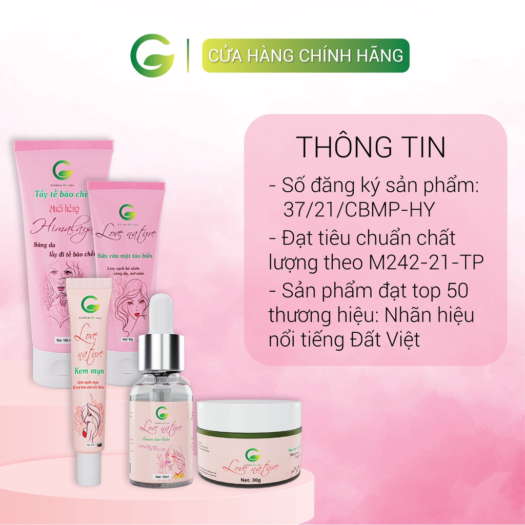 Combo chống lão hóa Love Nature gồm Tẩy tế bào chết, Sữa rửa mặt, Serum tảo biển, Kem mụn, Mặt nạ tảo biển