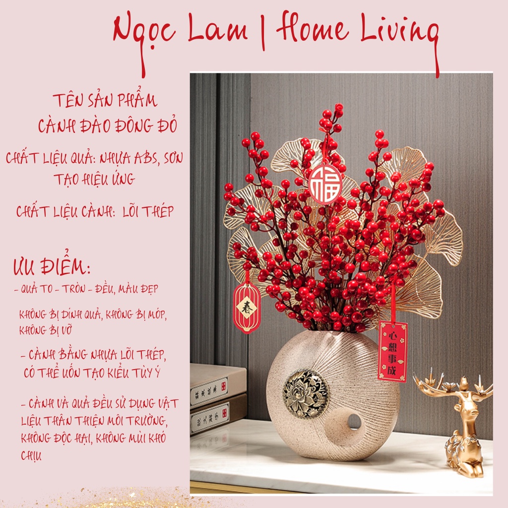 Đào đông đỏ 12 nhánh trang trí quán cafe, quán spa, trang trí phòng ngủ, phòng khách chất liệu cao cấp chống nước
