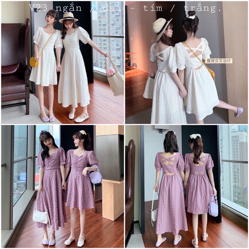 Đầm tiểu thư ullzzang hàn quốc hở lưng 2 màu trắng tím tay phồng dáng ngắn dài maxi váy xinh dự tiệc trễ vai | BigBuy360 - bigbuy360.vn