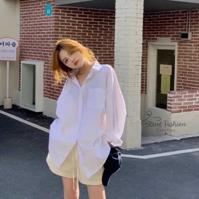 Áo sơmi basic dáng oversize phong cách Hàn Quốc