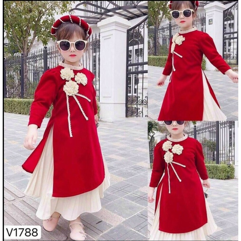Áo dài cách tân nhung kèm váy bé gái