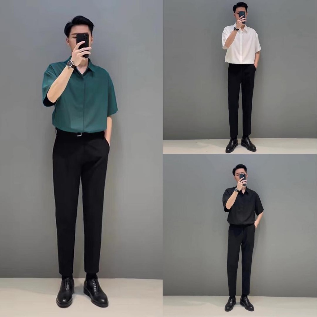 Áo sơ mi nam ngắn tay lụa không nhăn Cao cấp , kiểu cộc tay lỡ nam đen trắng xanh nâu form rộng dáng Hàn Quốc công sở