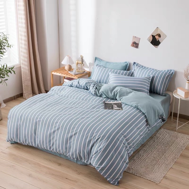 Bộ cotton poly hàn quốc bossdecor 4 món đủ kích thước kẻ xanh