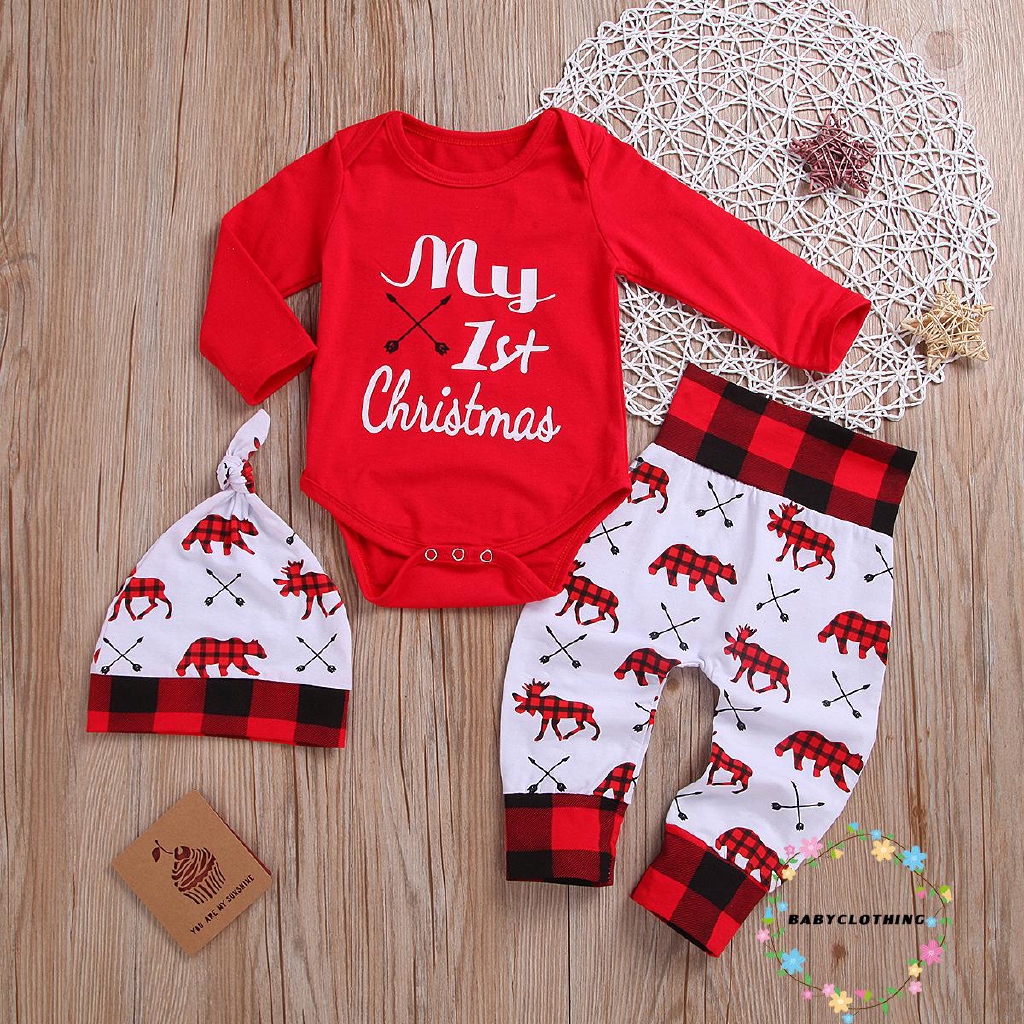 Set đồ liền thân + Quần dài + băng đô họa tiết chữ My First Christmas đáng yêu cho bé