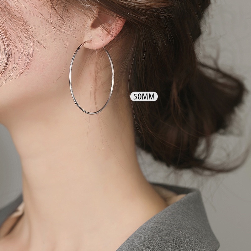 Bông tai tròn to bạc nữ bạc Ý 925 mạ vàng trắng, Khuyên tai bạc tròn trơn Basic nhiều kích cỡ DUYSON SILVER
