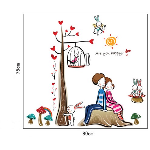 Decal trang trí Cây Tình yêu lồng chim và cặp tình nhân