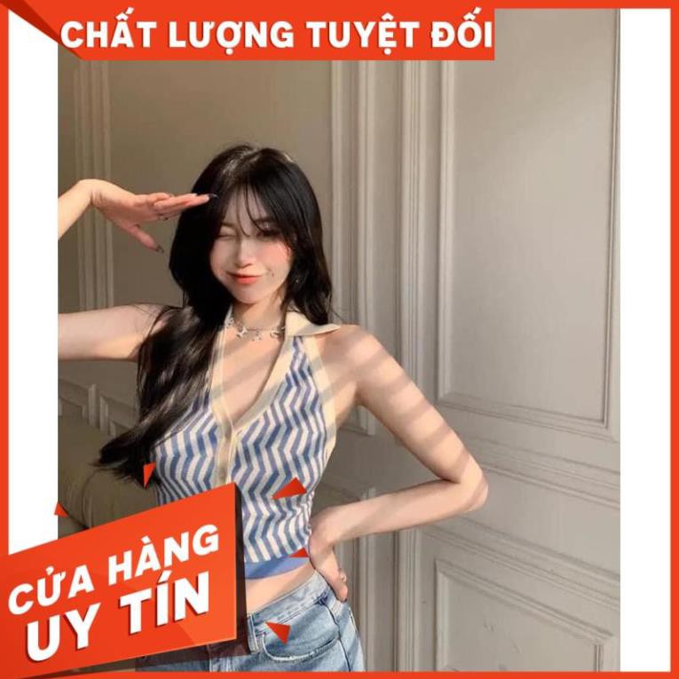 Áo Croptop Nữ Kẻ Sọc 3 Lỗ Cúc Cài ,Hở Lưng Cổ Bẻ 3 Màu B008