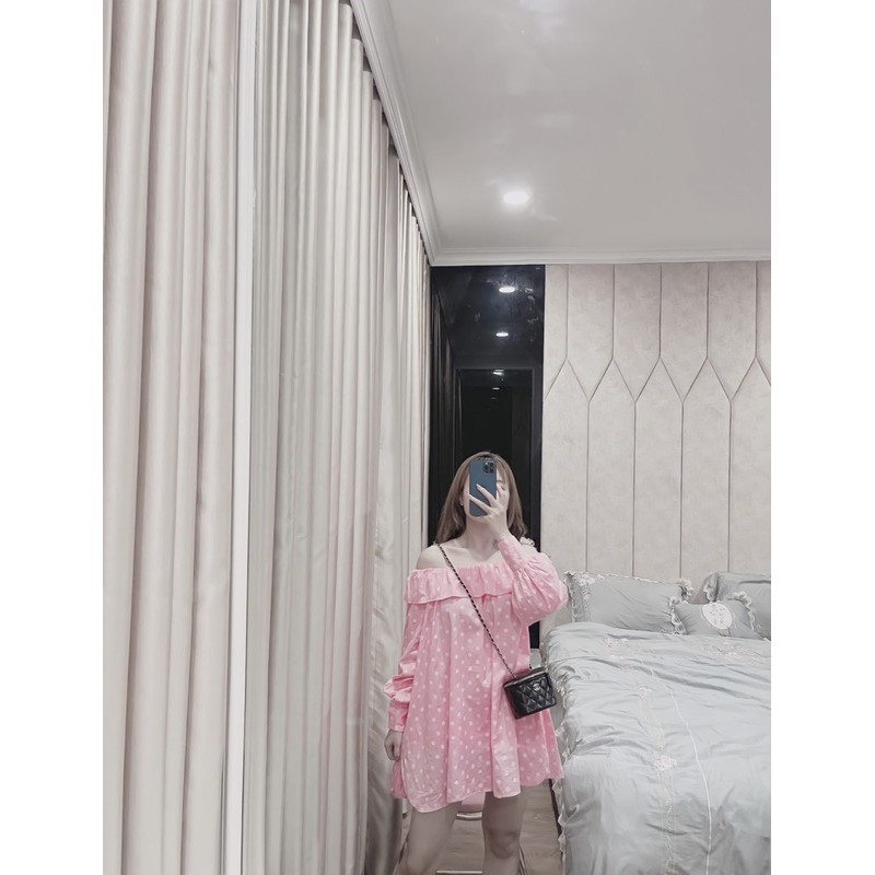 VNU216 - VÁY HỒNG CHẤM BI GIẤU QUẦN CỔ BÈO | BigBuy360 - bigbuy360.vn