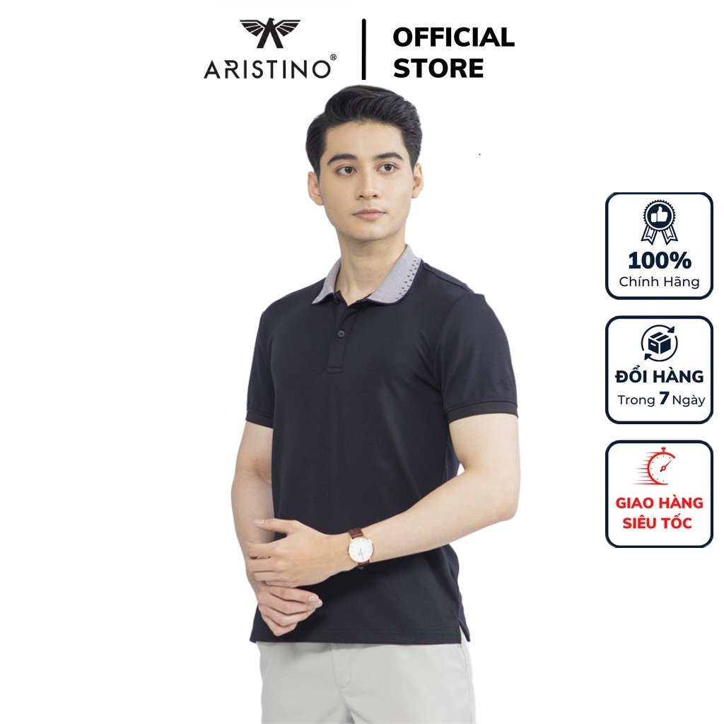 Áo thun polo nam Aristino APS121S2 phông ngắn tay có cổ bẻ dáng slim fit ôm nhẹ màu đen viền cổ xám vải Cupro cao cấp