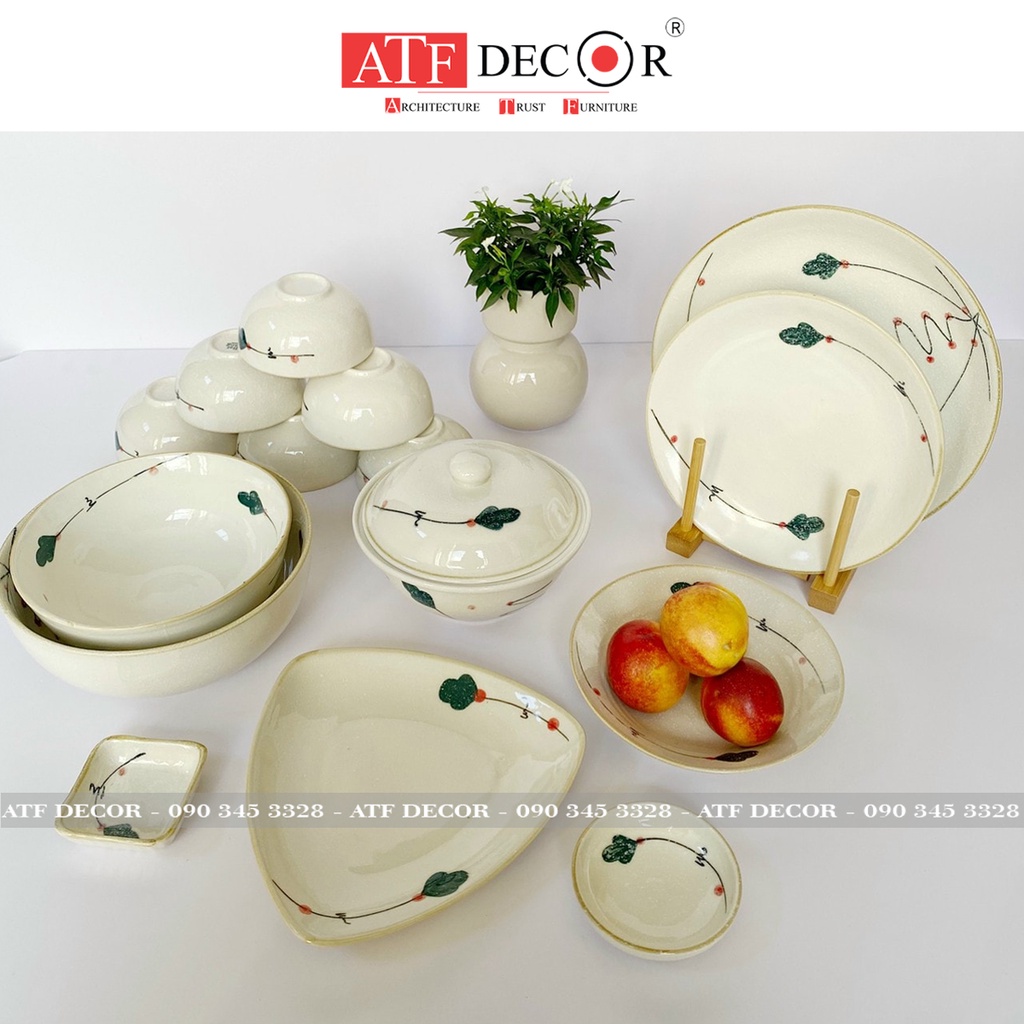 Bộ bát đĩa, bộ chén dĩa gốm sứ Bát Tràng cao cấp đủ món vẽ hoa cherry (mẫu mới) - ATF Decor