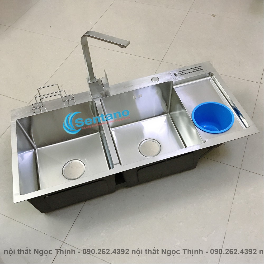 [MÃ SALE 5%]Chậu rửa chén đúc liền khối inox 304 SENTANO 2 ngăn 100X48cm - Bồn rửa chén inox 2 ngăn