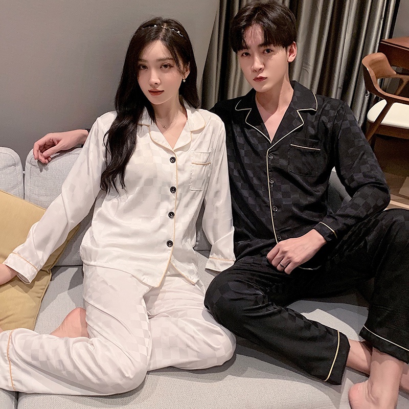Bộ Đồ Ngủ Tay Dài Chất Lụa Satin In Họa Tiết Caro / Kẻ Sọc Thời Trang Cho Nam Và Nữ