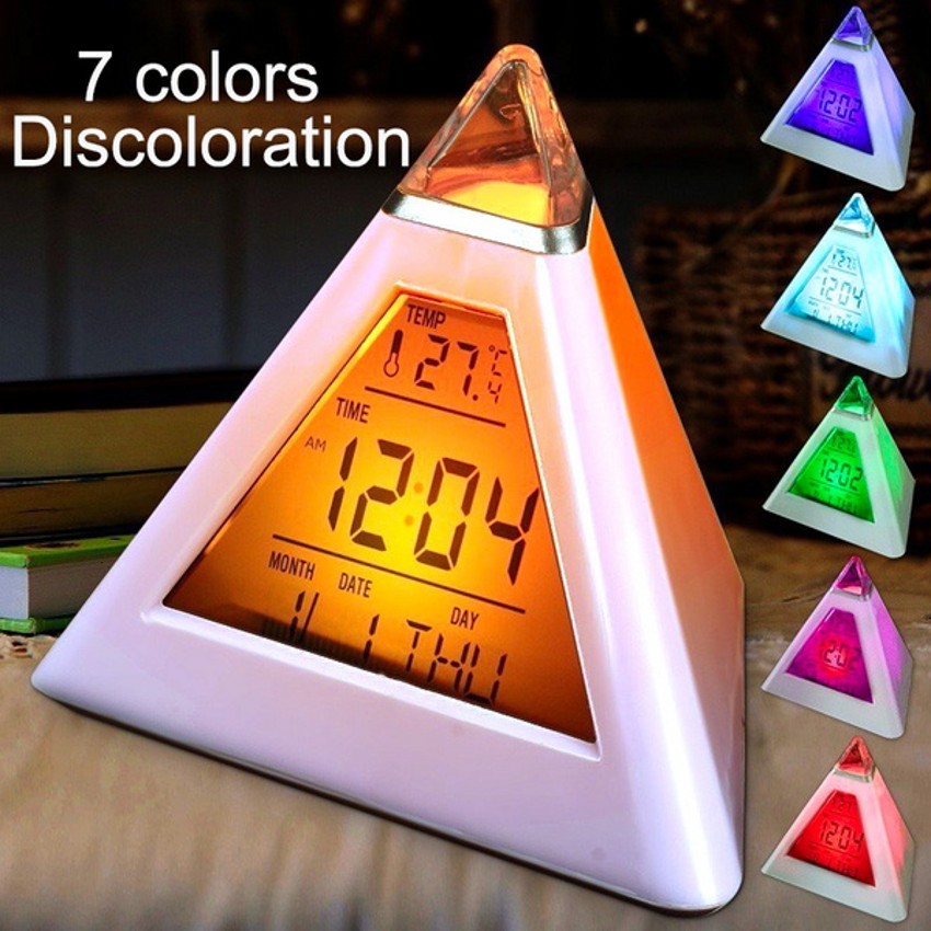 Đồng hồ báo thức điện tử hình tam giác có đèn led 7 màu sắc