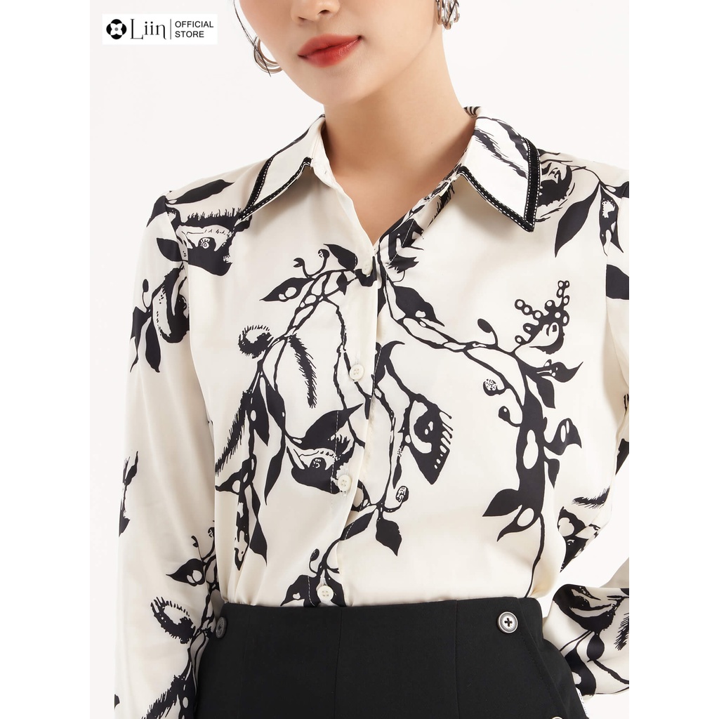 Áo sơ mi Linbi cao cấp hoạ tiết Hoa Lá Đen Trắng xinh xắn, dễ phối đồ liin clothing SM3526