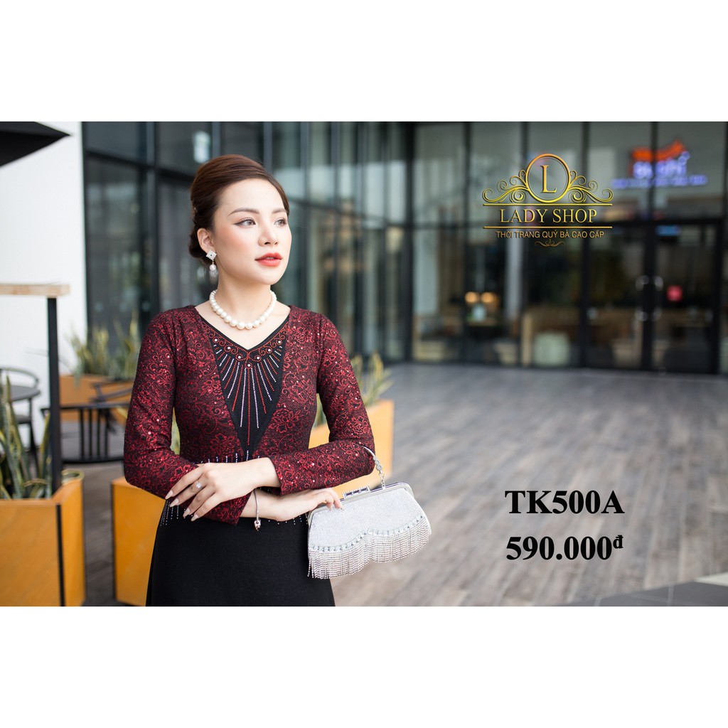 Váy trung niên quý bà cao cấp Ladyshop Maxi kim sa đỏ cổ V đá tia TK500 | BigBuy360 - bigbuy360.vn
