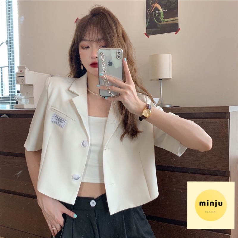 Áo Blazer ngắn tay thời trang Hàn Quốc 2021, áo blazer croptop trắng đen, chất mát, dễ phối đồ