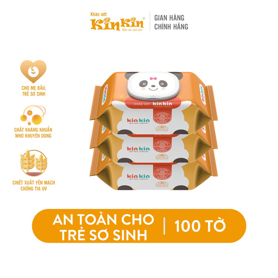 [Mã LT50 giảm 50k đơn 250k] Combo 3 gói Khăn ướt Kin Kin 100 tờ Không mùi/Mùi trà xanh, an toàn tiện lợi