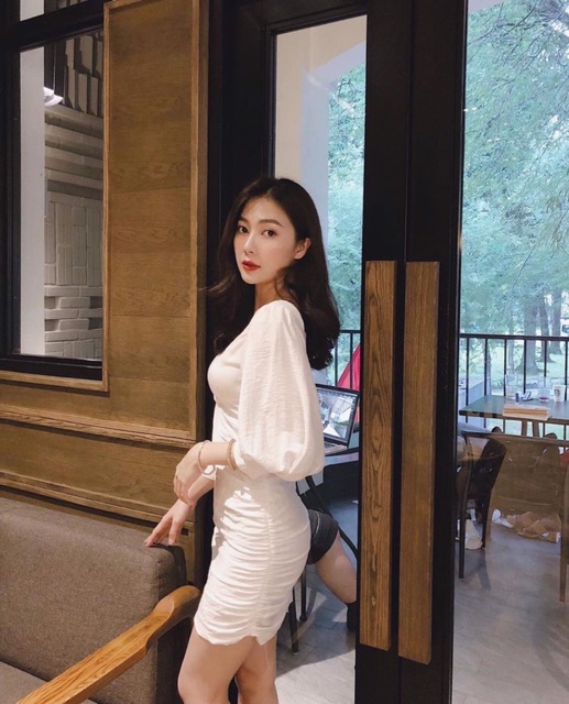 Đầm ôm body BlaPink thiết kế Linen trắng gân cổ vuông -Saria Dress